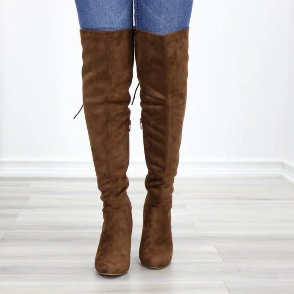 Suede Over The Knee Heeled Boots With Lace Up Back - Picture 12 of 14